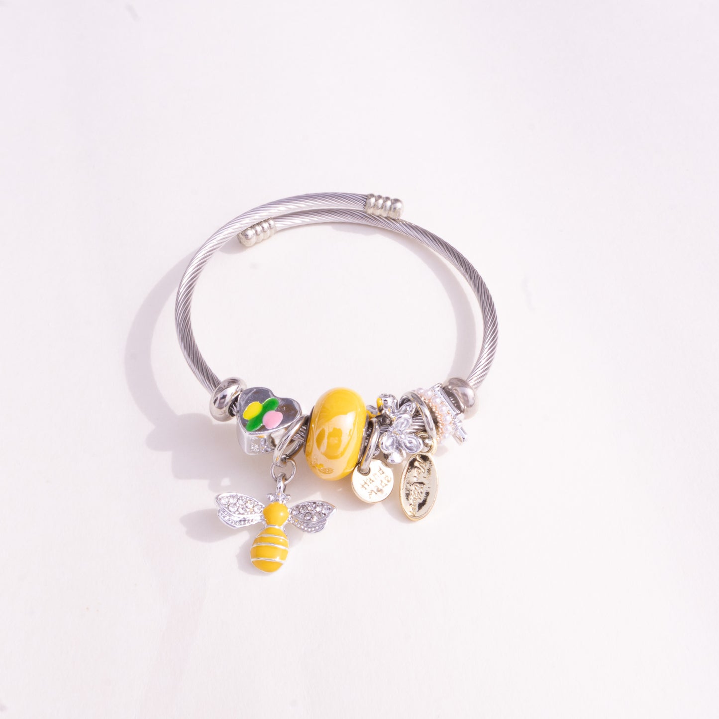 Stainless Steel Charm Bracelet with Yellow Bee, Heart, Beads