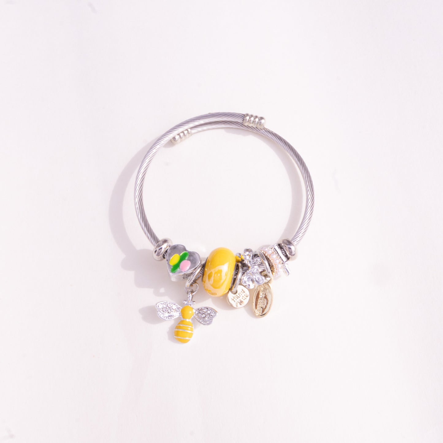 Stainless Steel Charm Bracelet with Yellow Bee, Heart, Beads