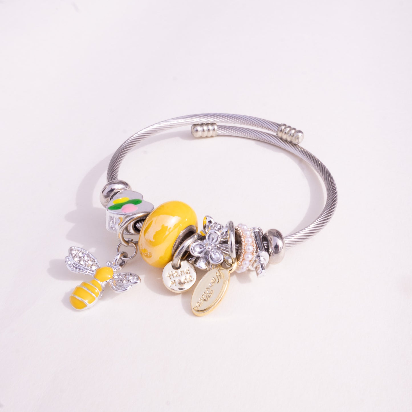 Stainless Steel Charm Bracelet with Yellow Bee, Heart, Beads