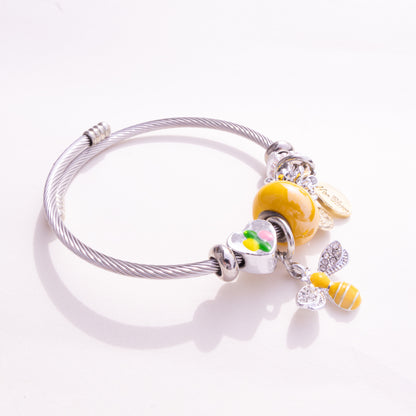 Stainless Steel Charm Bracelet with Yellow Bee, Heart, Beads