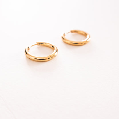 Pair of gold hoop earrings on a white background