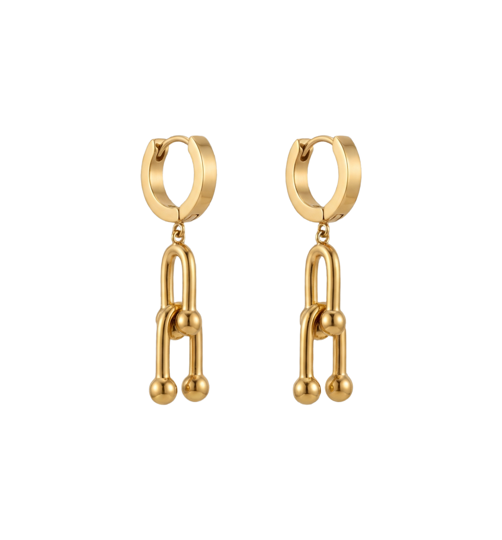 Gold hoop earrings with chain-like drop designs on a white background