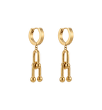 Gold hoop earrings with chain-like drop designs on a white background