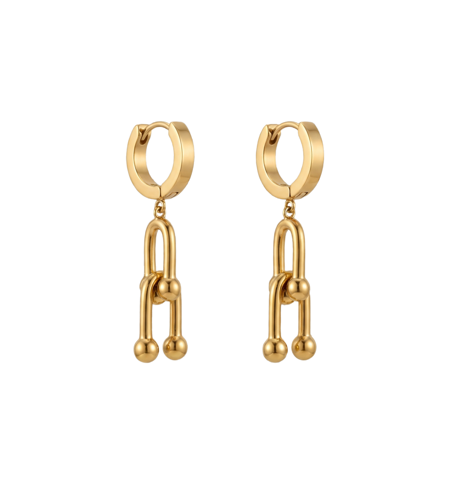 Gold hoop earrings with chain-like drop designs on a white background