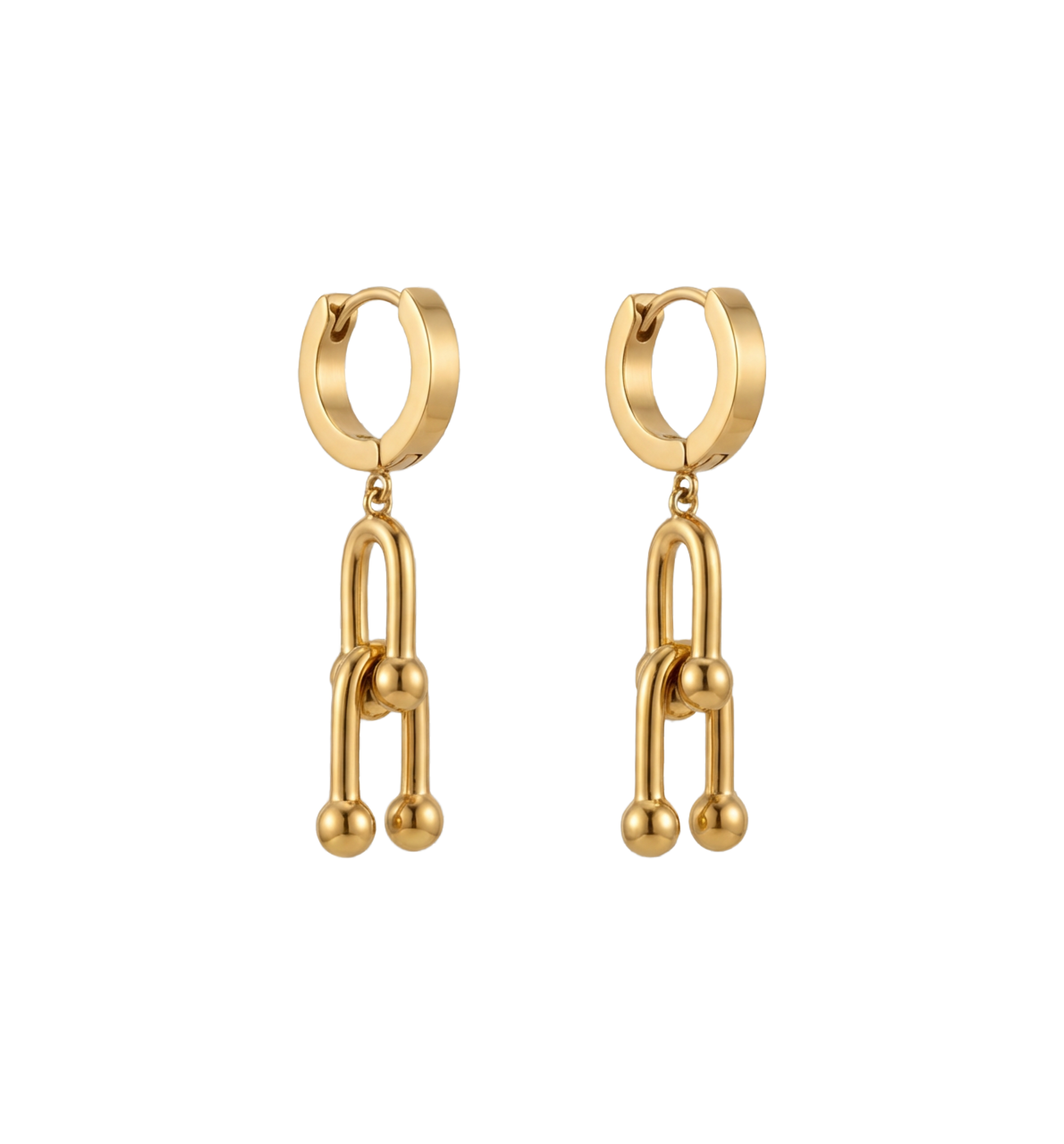 Gold hoop earrings with chain-like drop designs on a white background