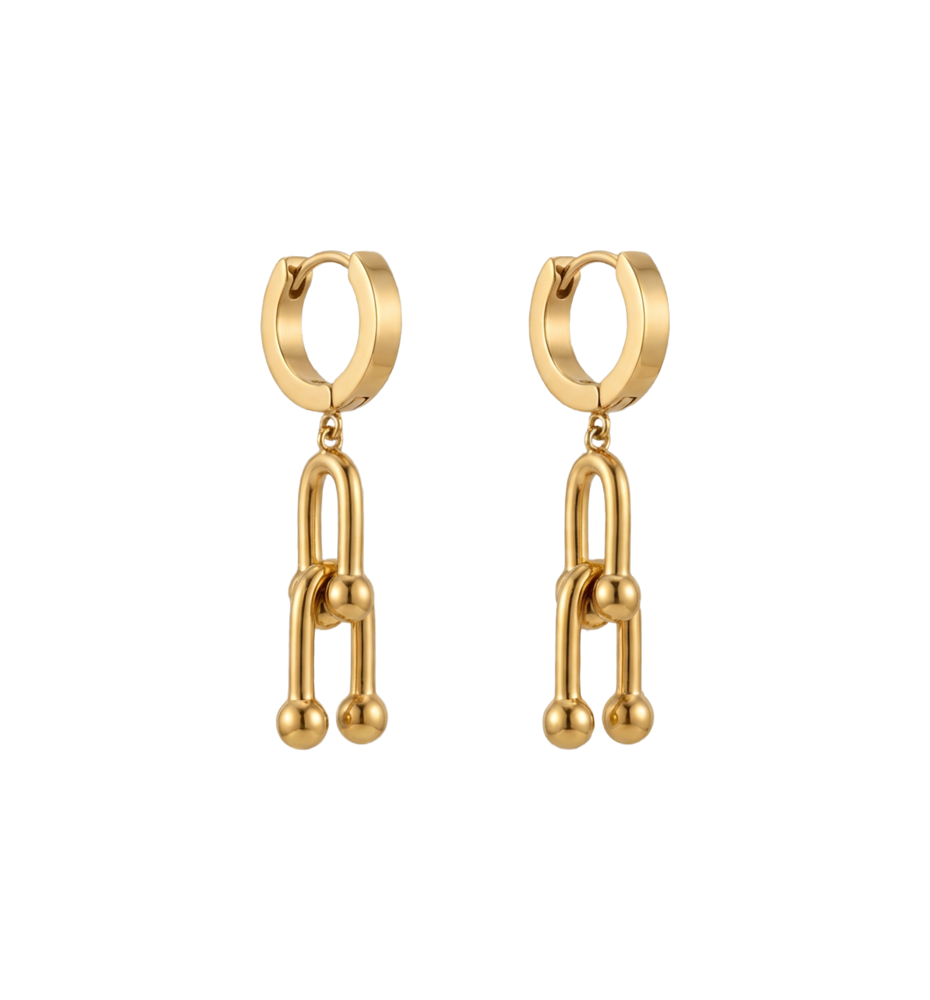 Gold hoop earrings with chain-like drop designs on a white background