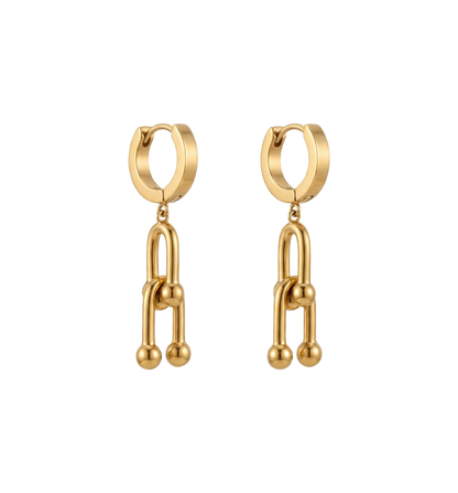 Gold hoop earrings with chain-like drop designs on a white background