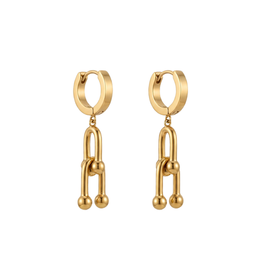 Gold hoop earrings with chain-like drop designs on a white background