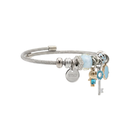 Silver bracelet with charms on a white background