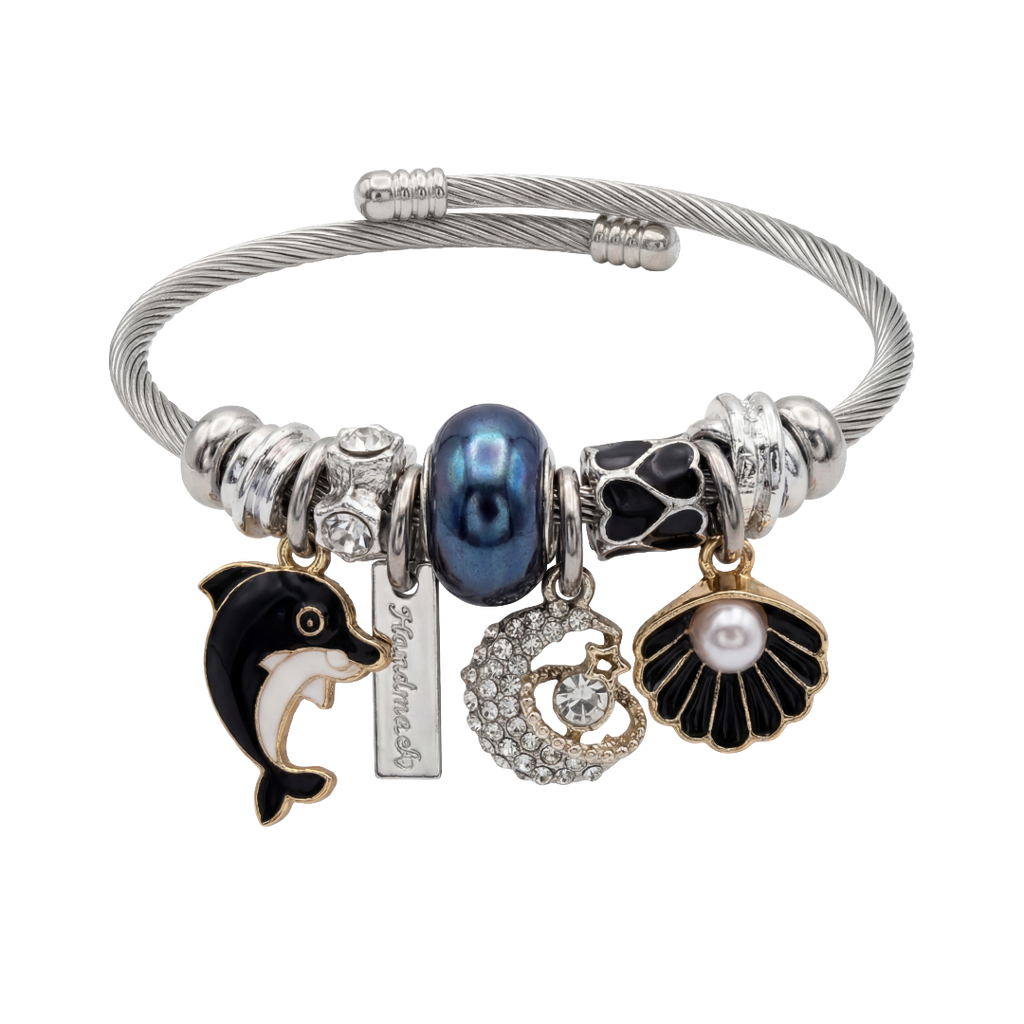 Silver bracelet with various charms including a dolphin, pearl, and shell on a white background
