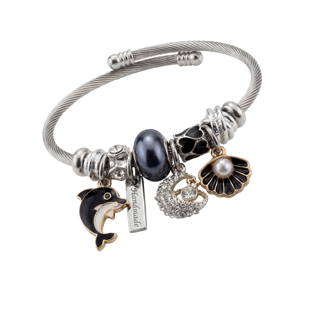 Silver bracelet with various charms on a white background