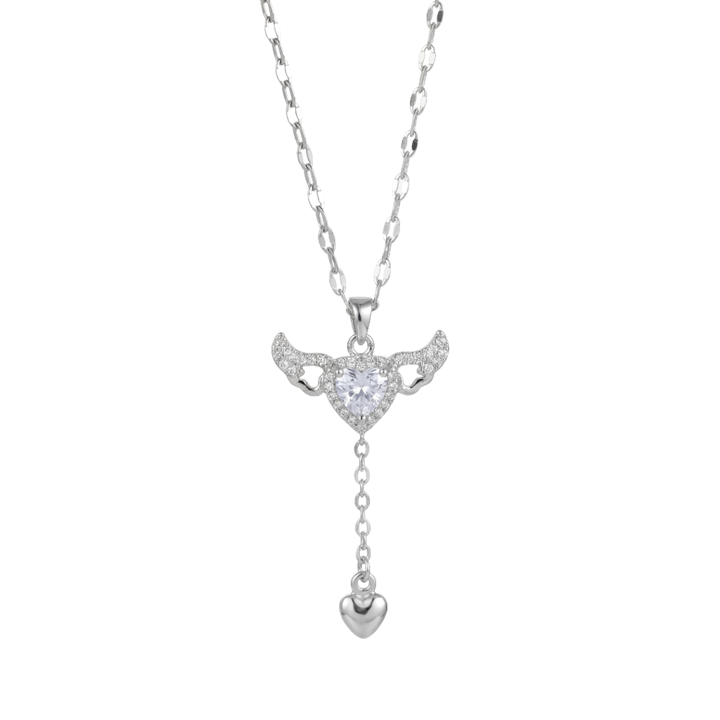 Silver necklace with a heart-shaped pendant on a white background