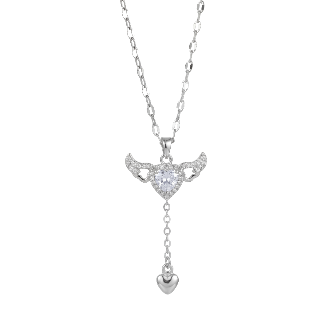 Silver necklace with a heart-shaped pendant on a white background