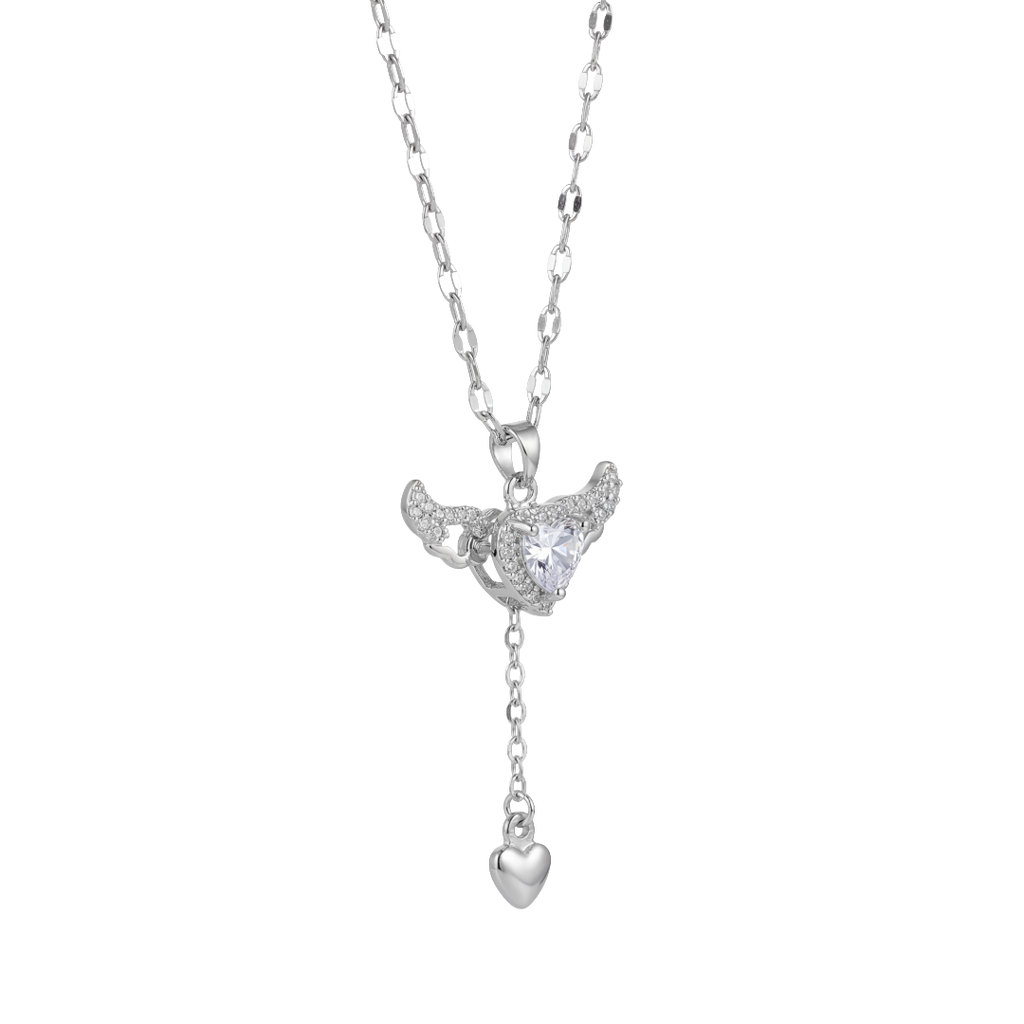 Silver necklace with a heart pendant on a white background