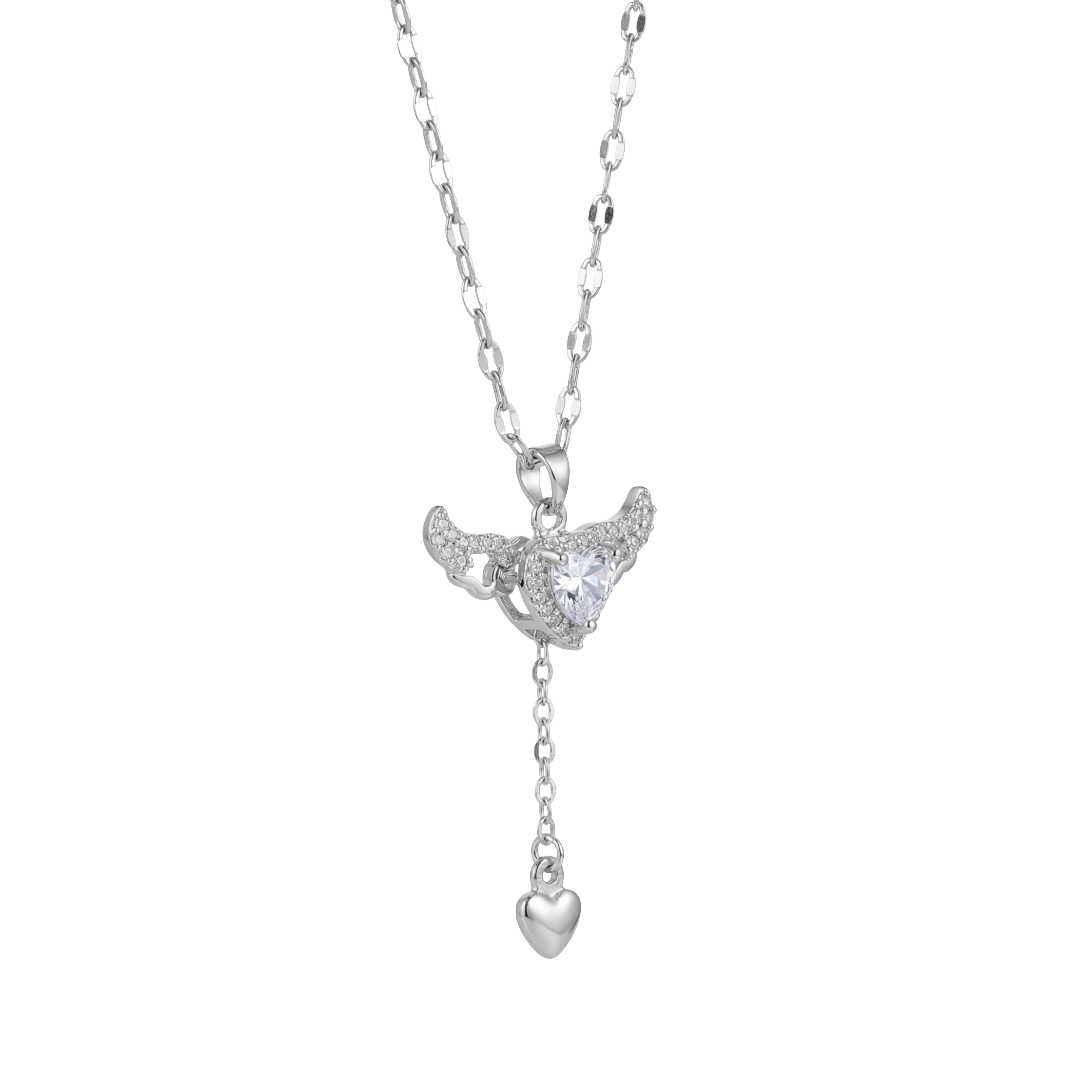 Silver necklace with a heart pendant on a white background