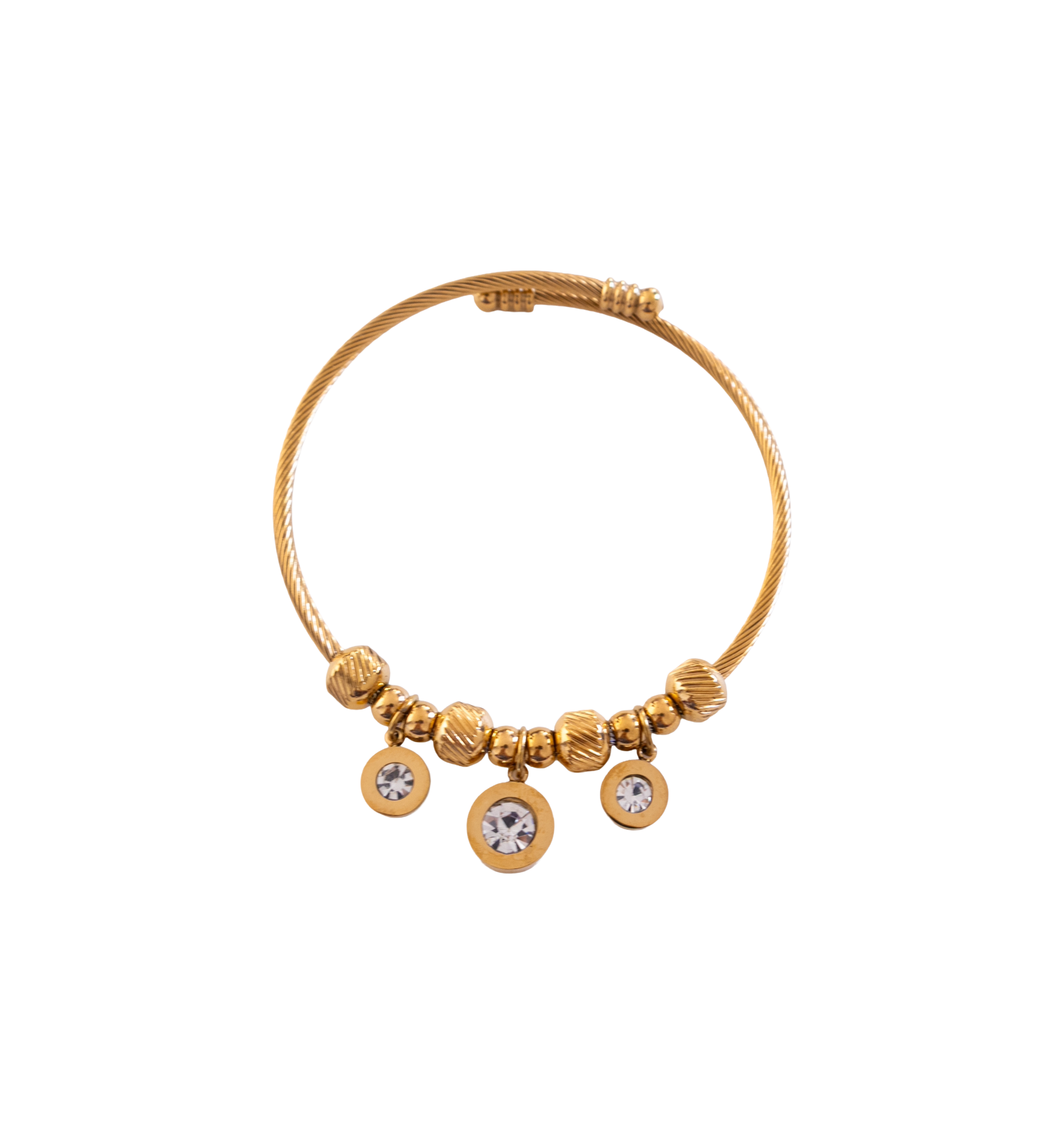 Gold bracelet with beads and crystals on a white background