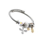 Silver bracelet with various charms on a white background