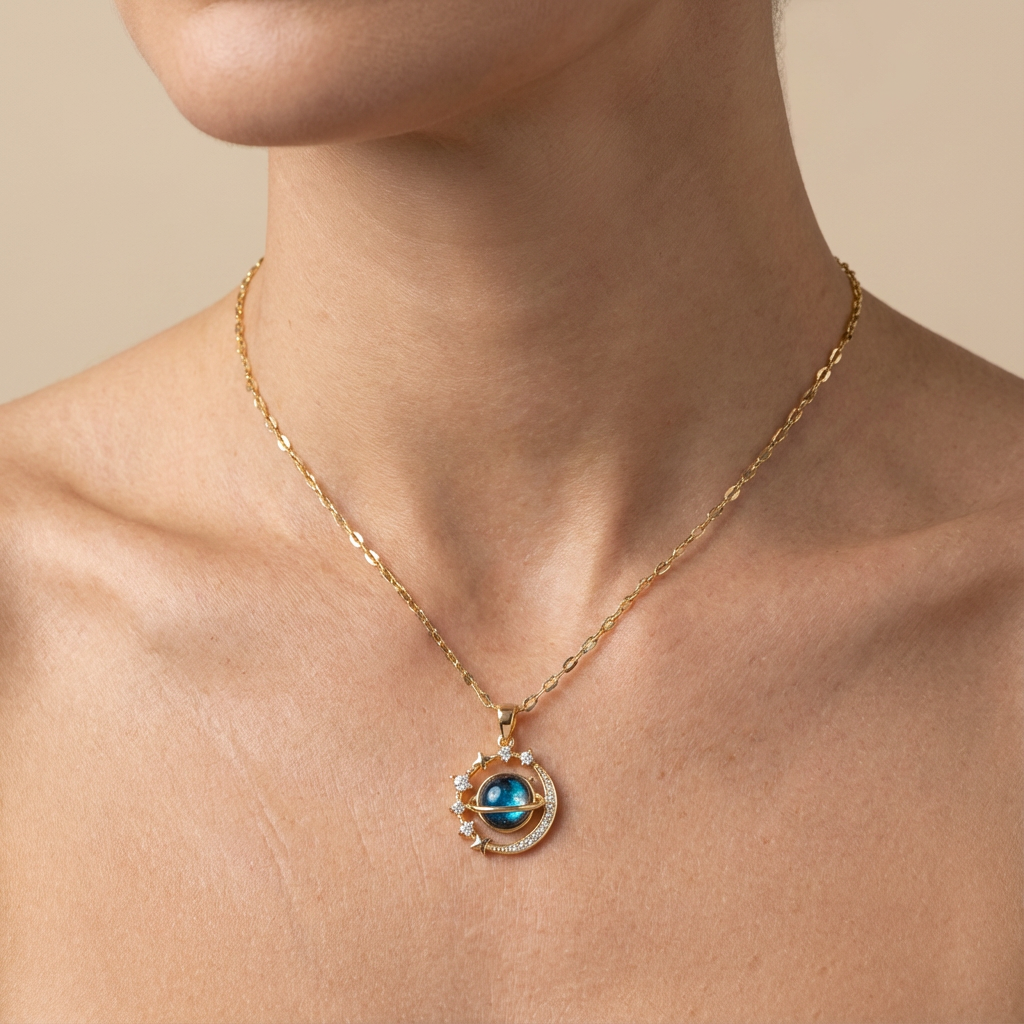 Gold necklace with a pendant on a person's neck against a beige background