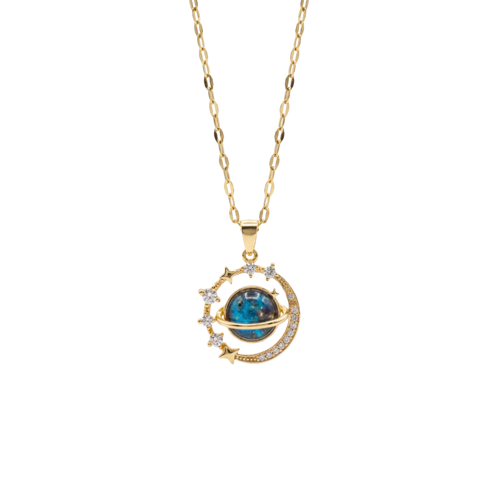 Gold necklace with a blue gemstone pendant on a white background