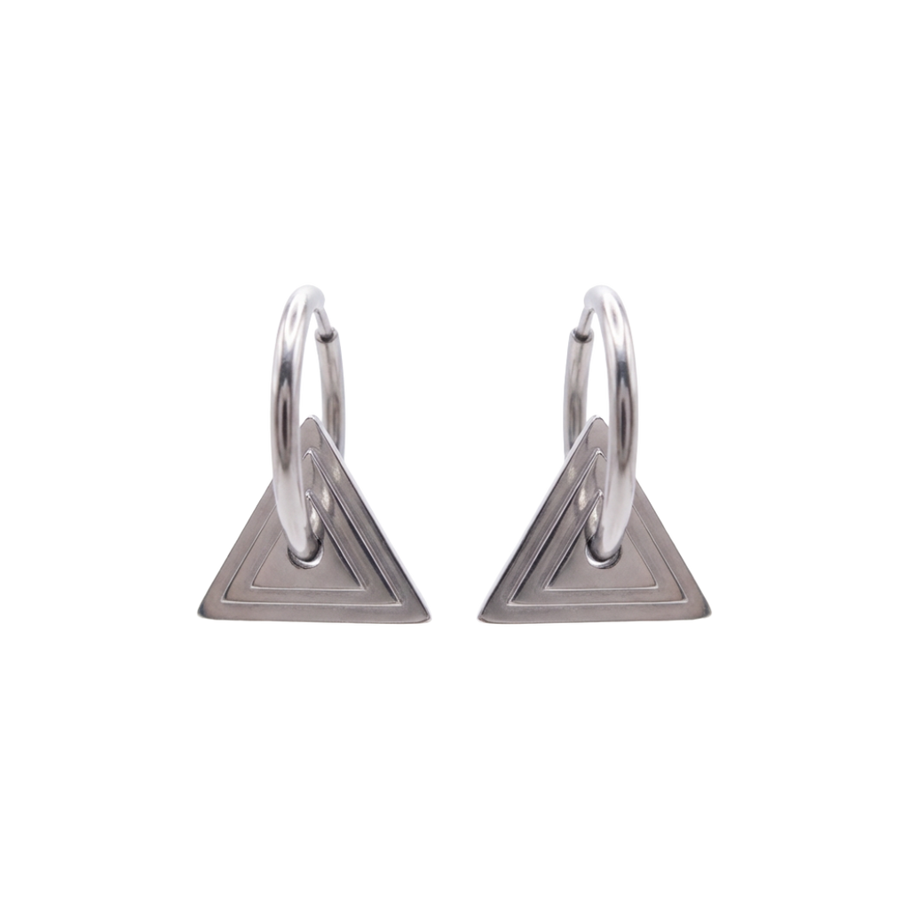 Pair of silver hoop earrings with triangular bases on a white background