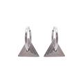Pair of silver hoop earrings with triangular bases on a white background