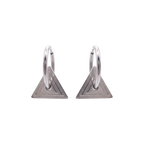 Pair of silver hoop earrings with triangular bases on a white background