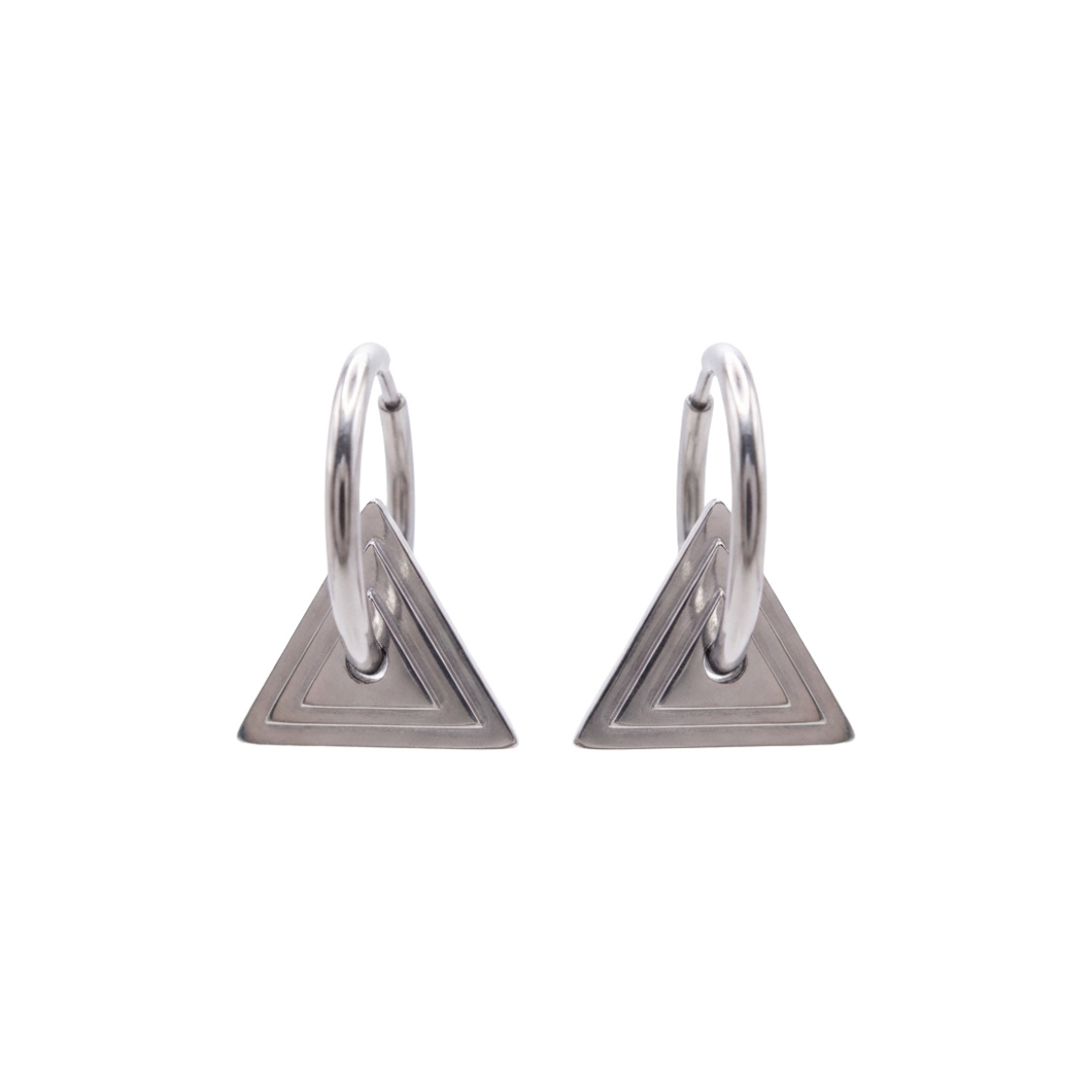 Pair of silver hoop earrings with triangular bases on a white background