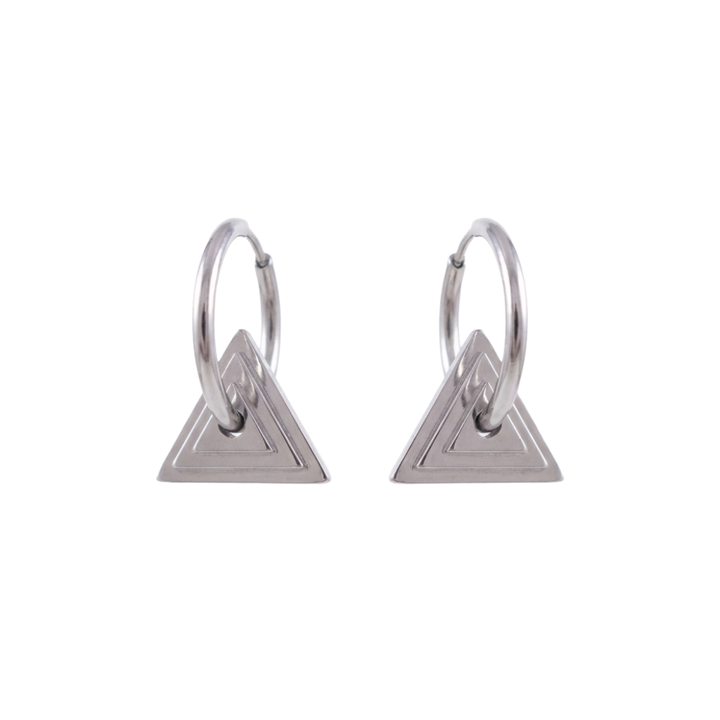 Pair of silver triangle earrings on a white background