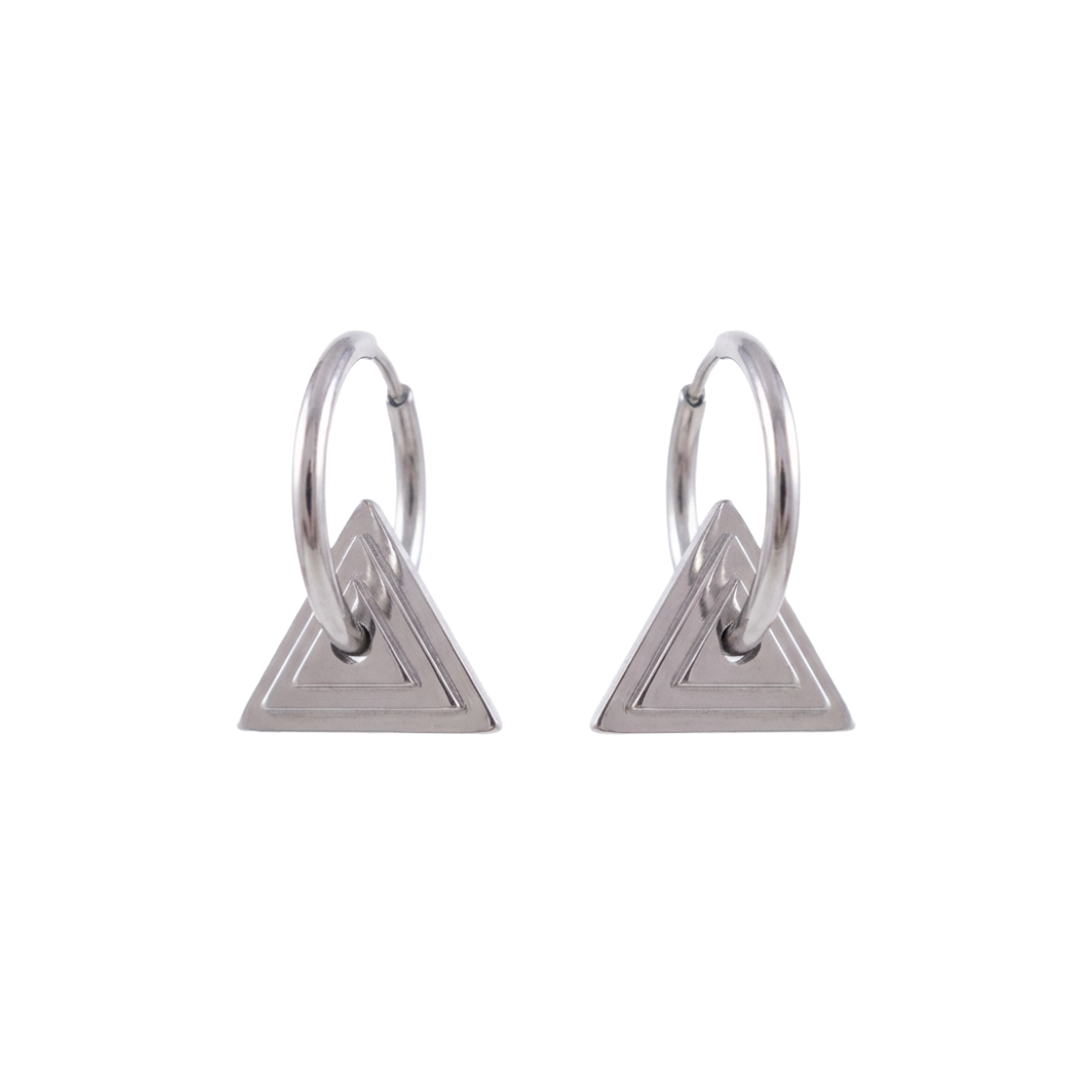 Pair of silver triangle earrings on a white background