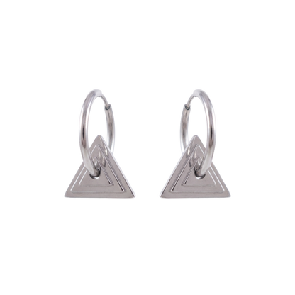 Pair of silver triangle earrings on a white background