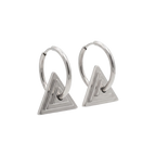 Pair of silver hoop earrings with triangular designs on a white background