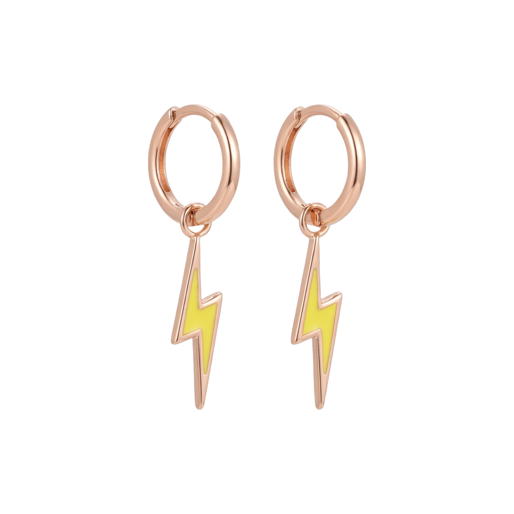 Rose gold hoop earrings with yellow lightning bolt charms on a white background