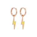 Rose gold hoop earrings with yellow lightning bolt charms on a white background
