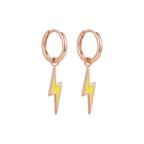 Rose gold hoop earrings with yellow lightning bolt charms on a white background