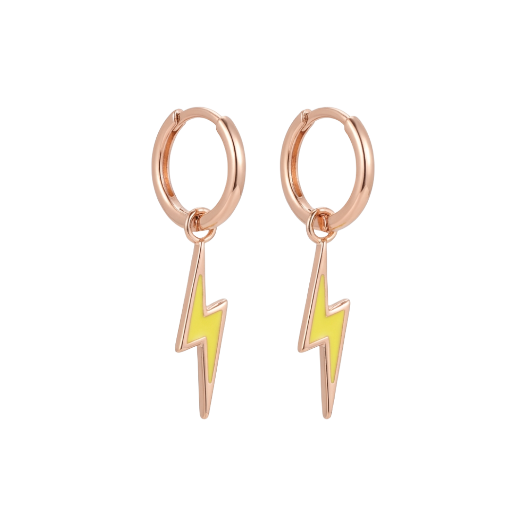 Rose gold hoop earrings with yellow lightning bolt charms on a white background