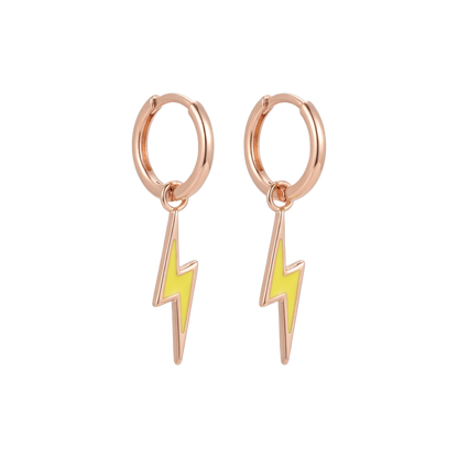 Rose gold hoop earrings with yellow lightning bolt charms on a white background