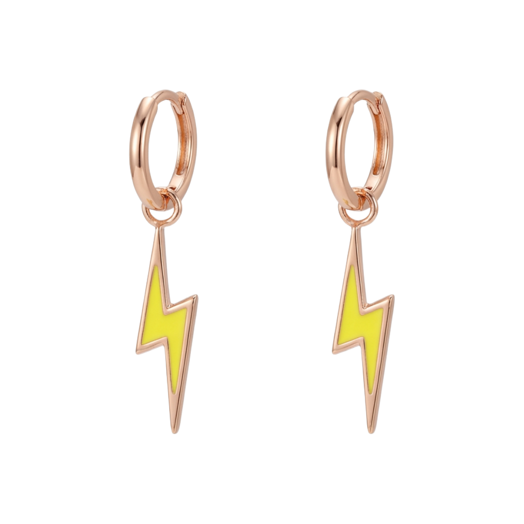 Rose gold hoop earrings with yellow lightning bolt charms on a white background