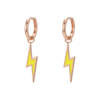 Rose gold hoop earrings with yellow lightning bolt charms on a white background