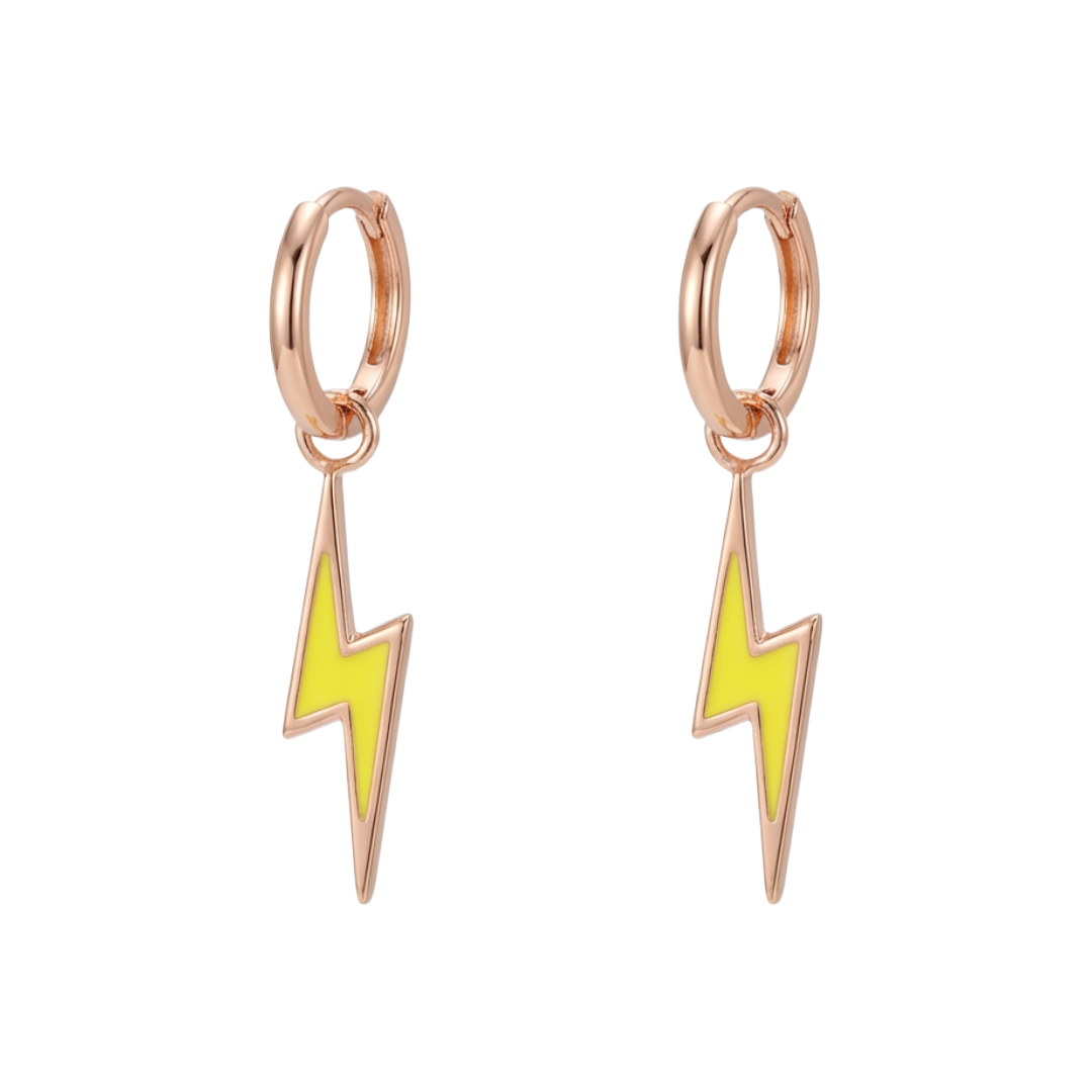Rose gold hoop earrings with yellow lightning bolt charms on a white background
