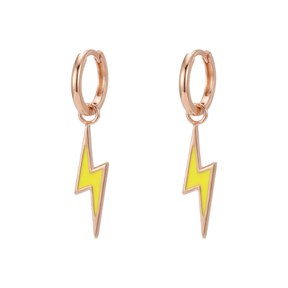 Rose gold hoop earrings with yellow lightning bolt charms on a white background