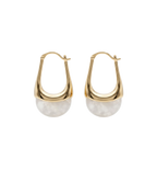 Gold hoop earrings with white stone beads on a white background