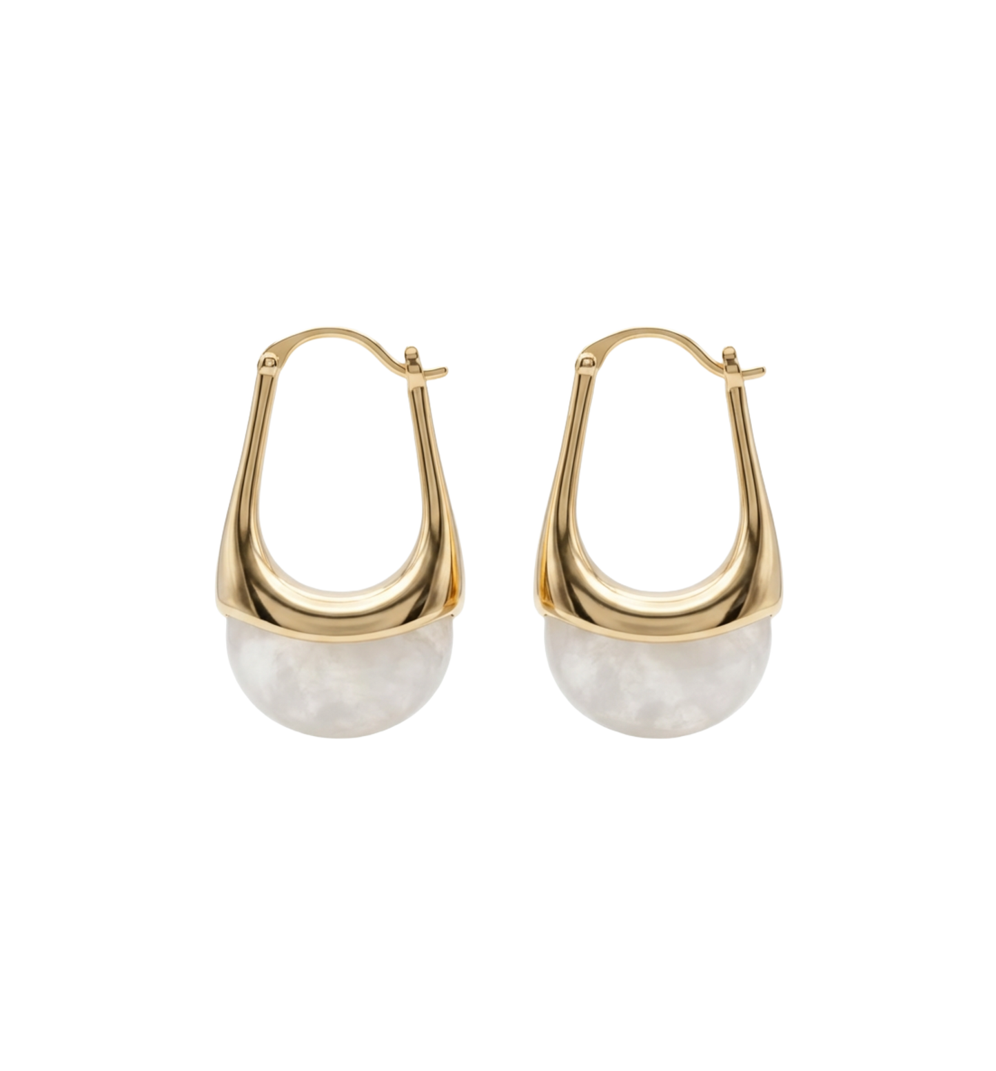 Gold hoop earrings with white stone beads on a white background