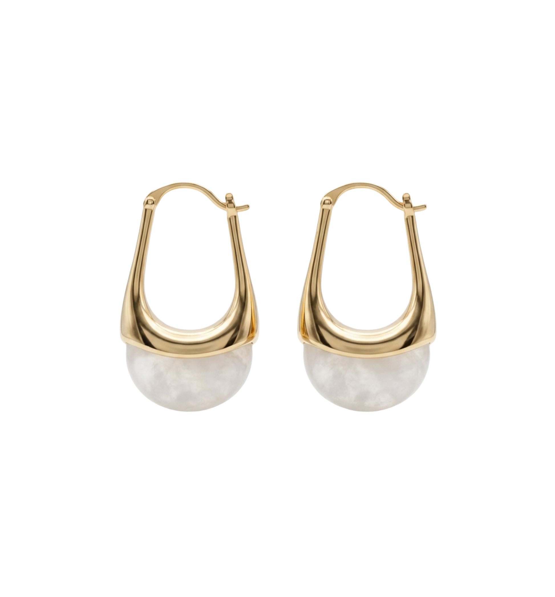 Gold hoop earrings with white stone beads on a white background