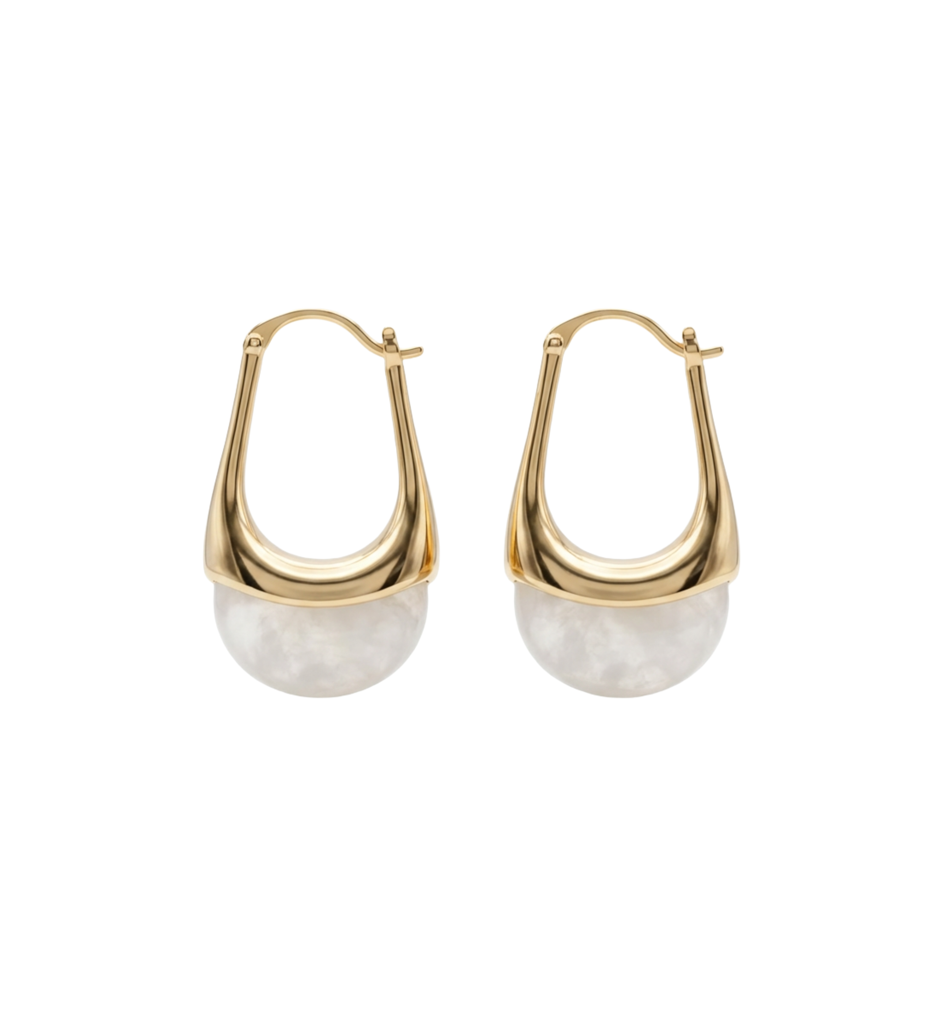 Gold hoop earrings with white stone beads on a white background
