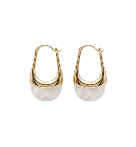 Gold hoop earrings with white stone beads on a white background