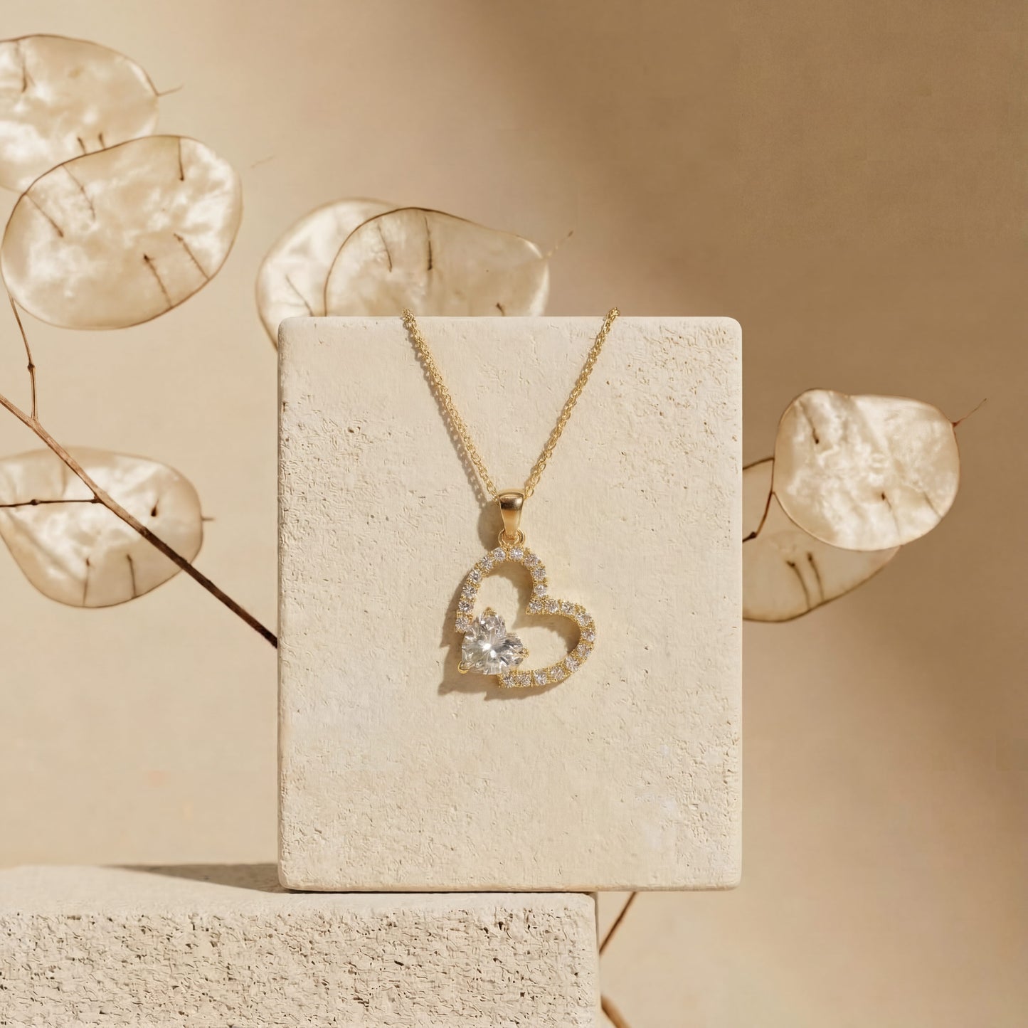 Gold Open Sparkling Crystal Heart Necklace