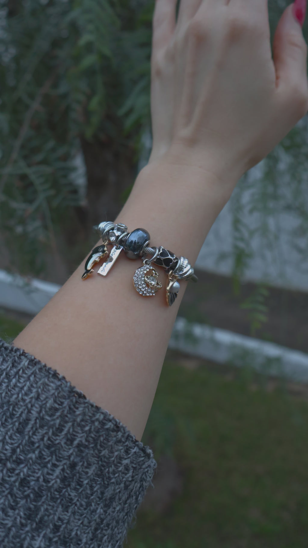 Stainless Steel Cable Bracelet Dolphin, Crystal & Mixed Charms