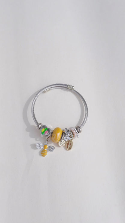 Stainless Steel Charm Bracelet with Yellow Bee, Heart, Beads